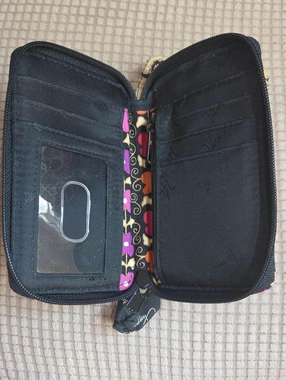 Vera Bradley Black Floral Quilted Wristlet with Purple & Pink Accents